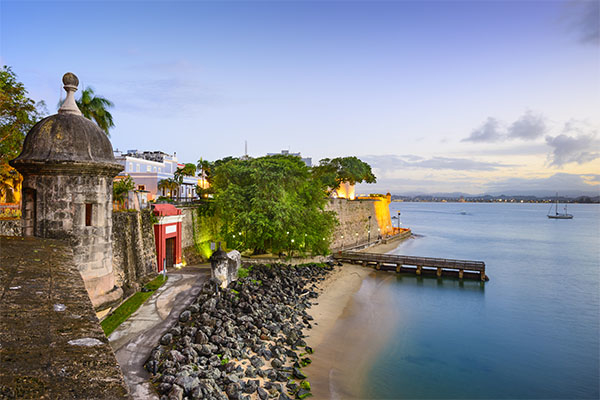 Im Kreuzfahrt Hafen Puerto Rico San Juan in der östlichen Karibik können Sie viele Palmen entdecken.